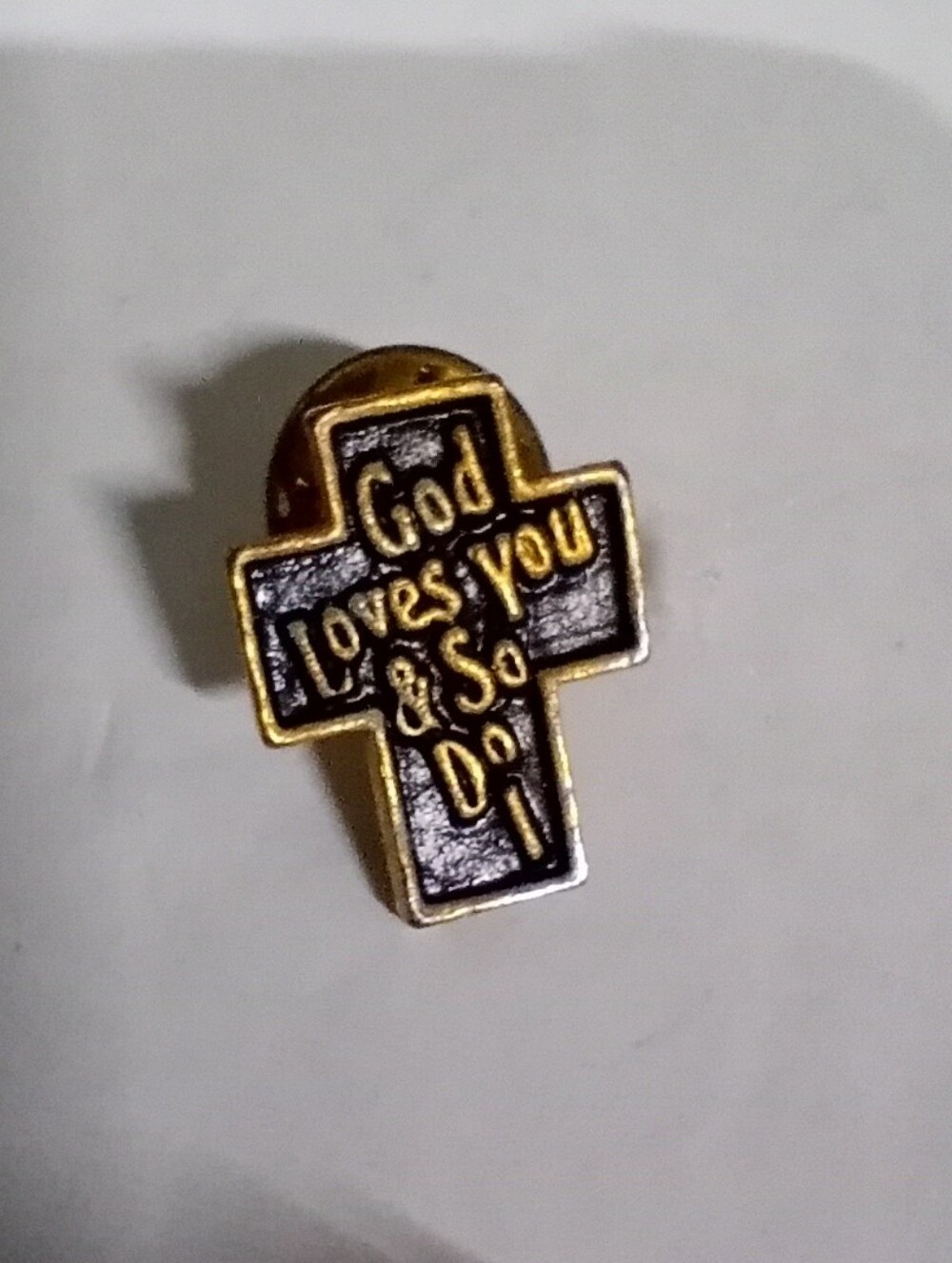 Religious Cross Pin - Black & Gold "God Loves You & So Do I"